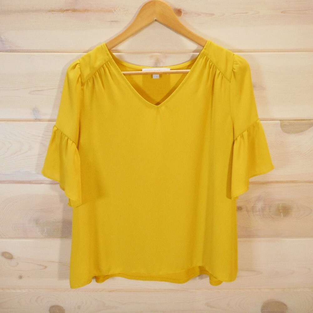 Loft Women's M Blouse Chiffon Front Knit Back Bell Sleeve Dandelion Yellow Top